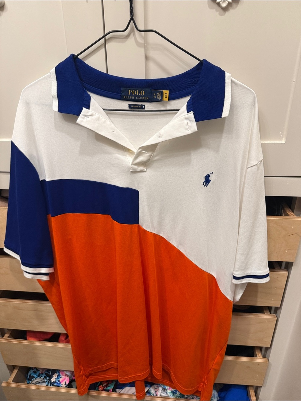 Polo by Ralph Lauren White, Blue & Orange Diagonal Colorblock Polo Shirt